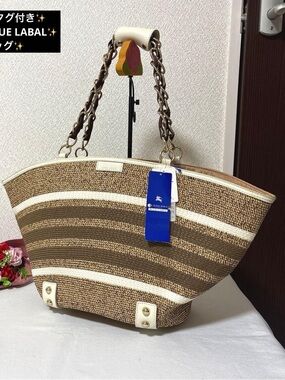 Burberry Blue Label Chain Tote Bag Straw Leather